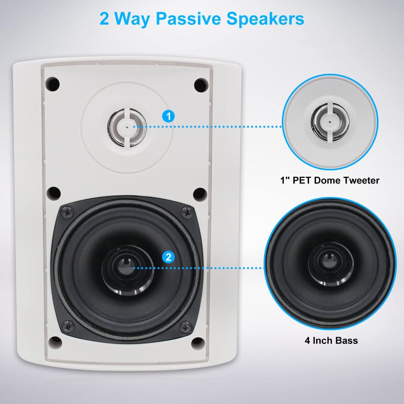 Herdio 4 Inches Passive Indoor Outdoor Speakers Waterproof Wired 200 Watt with Powerful Bass,Wall Mount Speakers for Patio Garage Covered Deck - Image 2